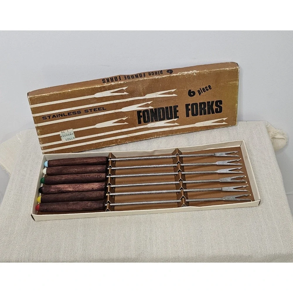 Vintage Fondue Stainless Steel 6 Piece Wooden Handle Set 10.5